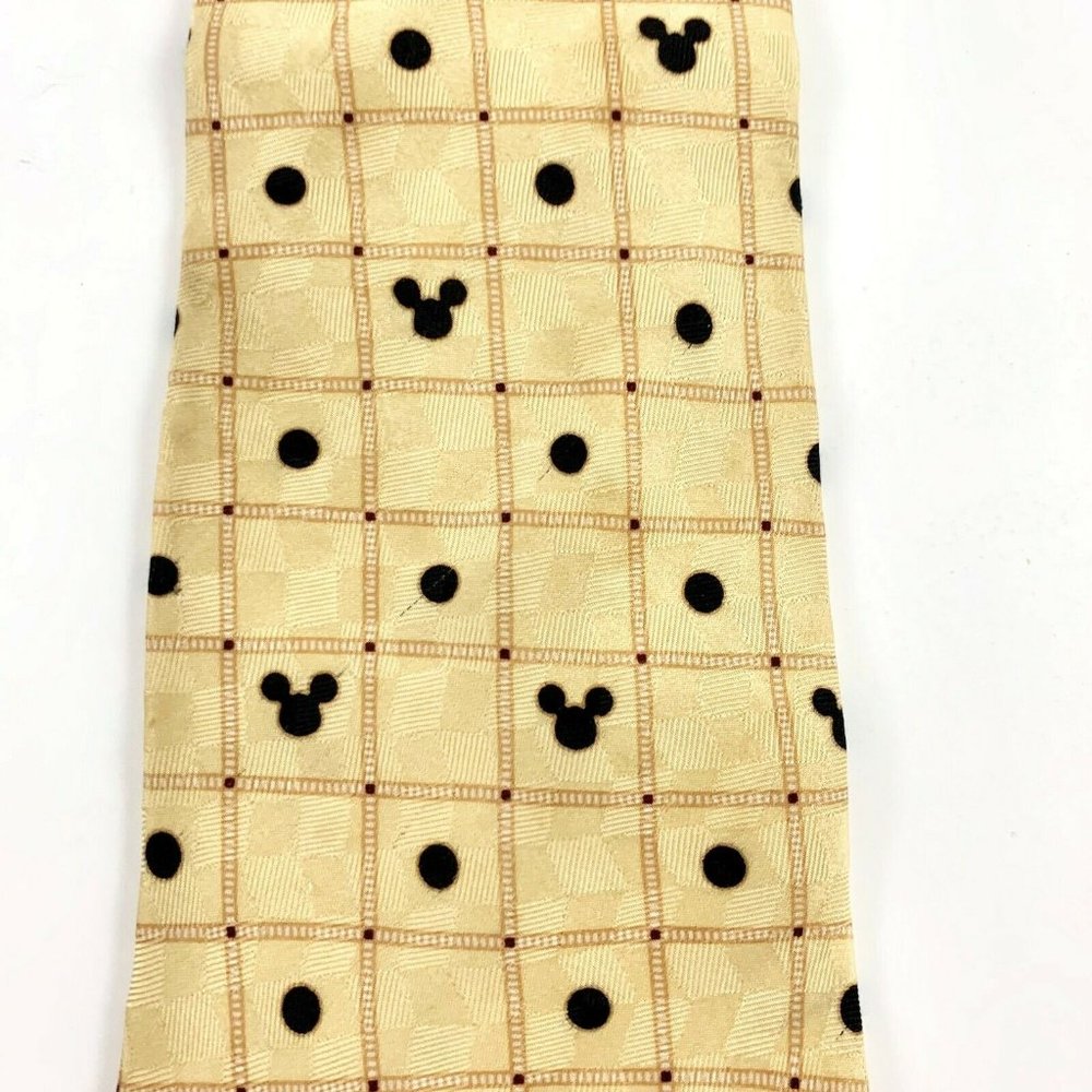 Mickey, Inc. Men's Novelty Necktie. Yellow Checker w/ Black Dots. Mickey Heads